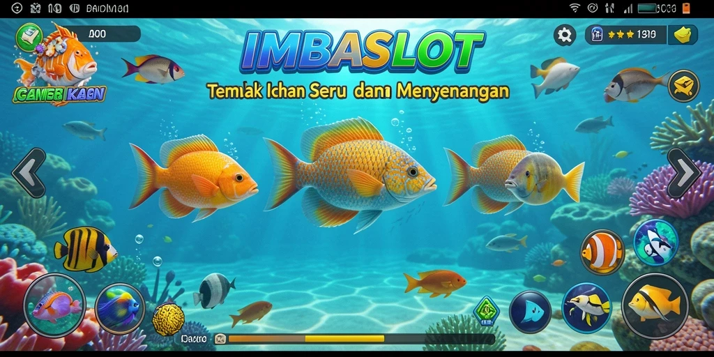 Gameplay seru IMBASLOT dengan berbagai ikan untuk ditangkap.