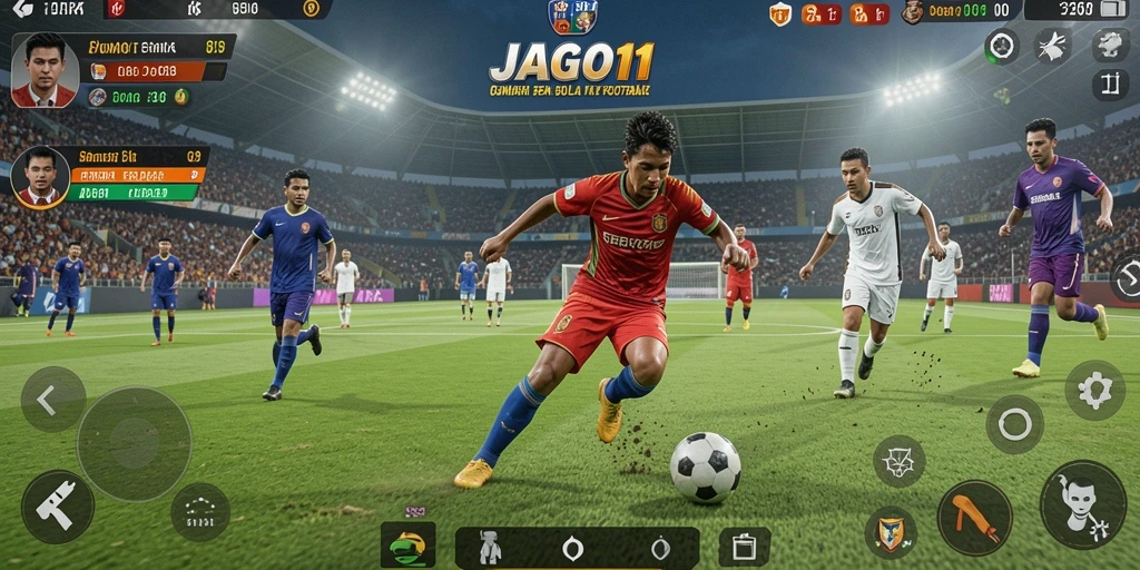 Tampilan gameplay JAGO11 dengan aksi sepak bola yang mendebarkan.