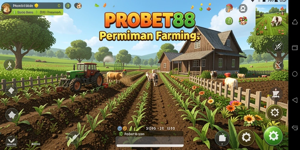 Screenshot gameplay PROBET88 menampilkan ladang yang subur dan tanaman yang subur.