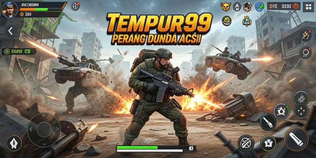 Tangkapan layar TEMPUR99 menampilkan aksi seru di medan perang.